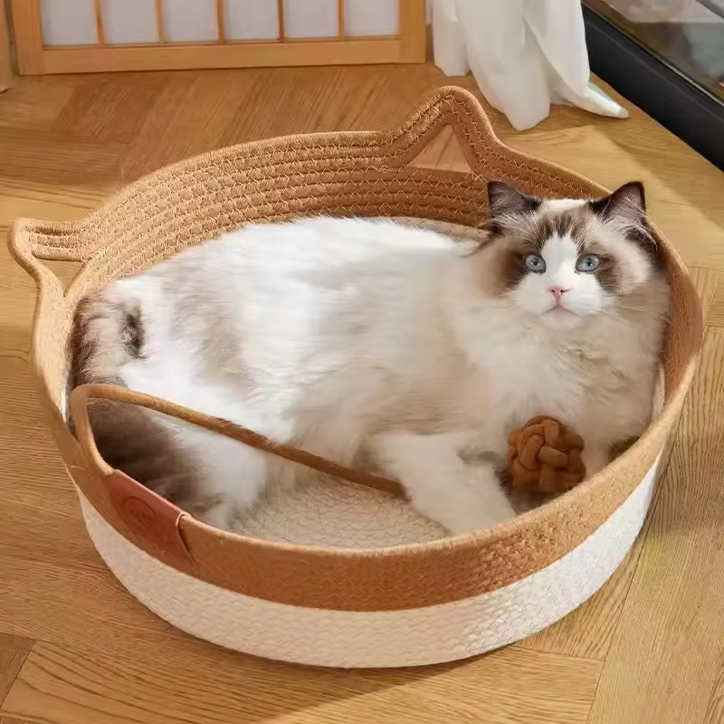 Pet Cat Bed Round Hand Woven Rattan Wear-resistant Cat Bed Summer Cooling Pet Bed